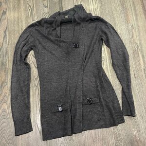Susan Lawrence Sweater Collared Buttoned Pockets Front Pullover Gray Size M